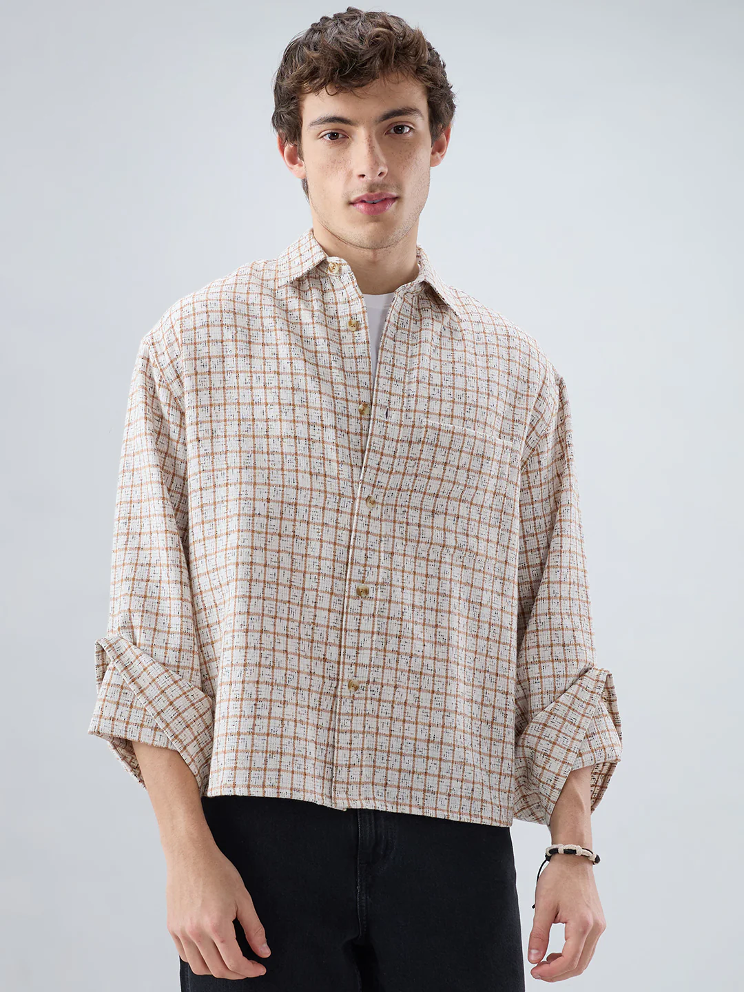 White & Brown Interweave Textured Cuffless Oversized Crop Shirt - Image 5