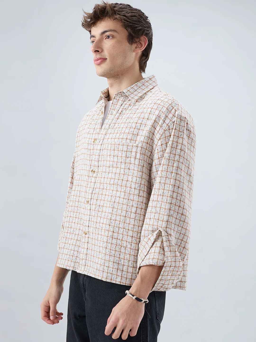 White & Brown Interweave Textured Cuffless Oversized Crop Shirt - Image 6