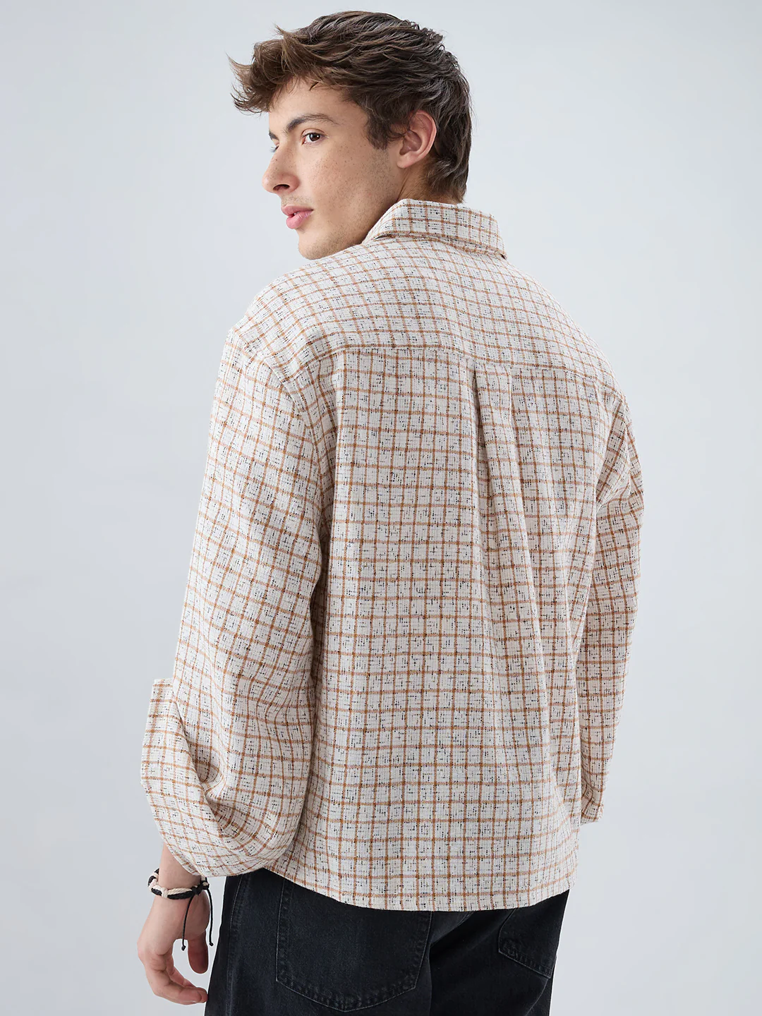 White & Brown Interweave Textured Cuffless Oversized Crop Shirt - Image 7
