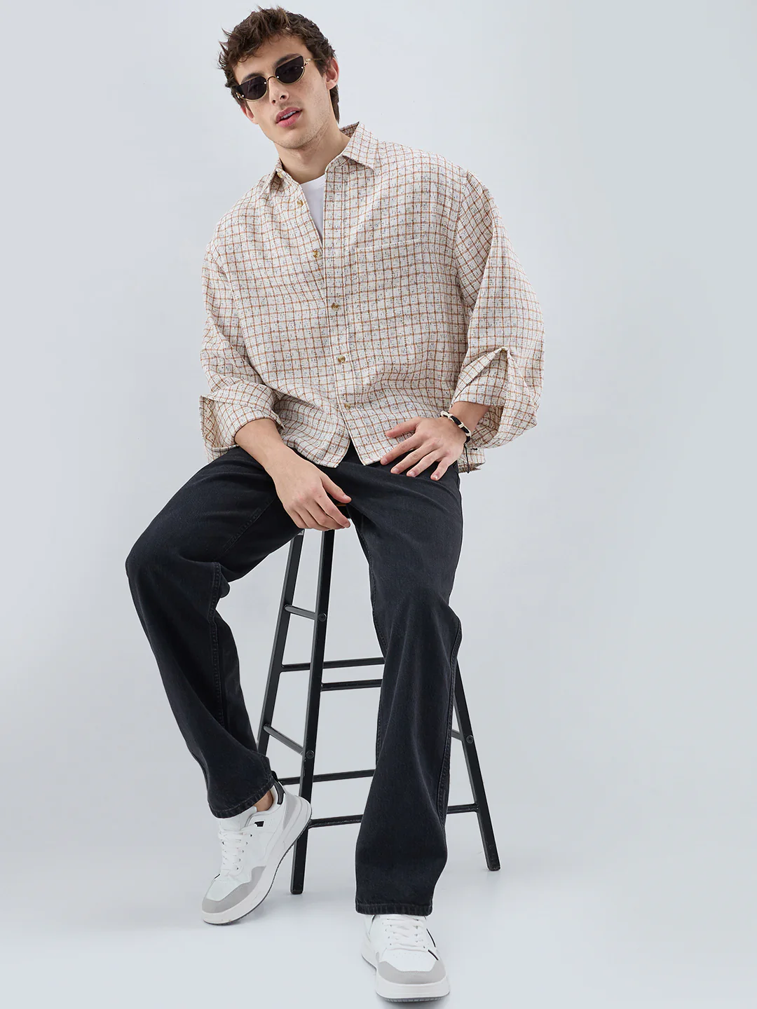 White & Brown Interweave Textured Cuffless Oversized Crop Shirt - Image 8