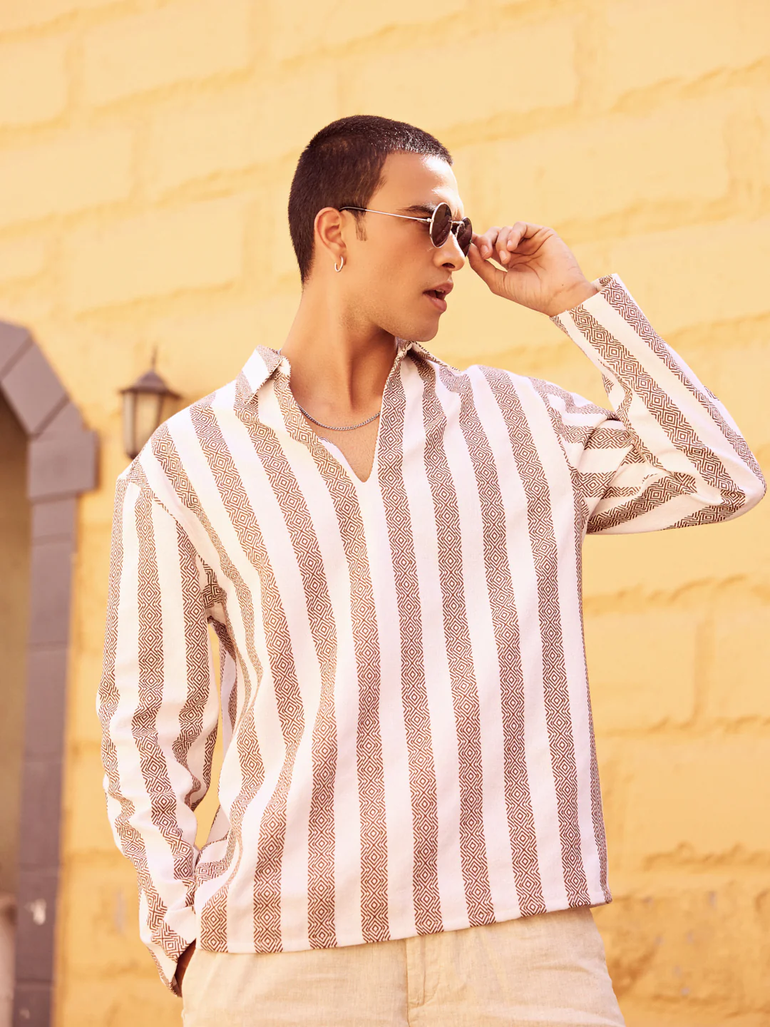 White & Brown Jacquard V Neck Collared Shirt - Image 2