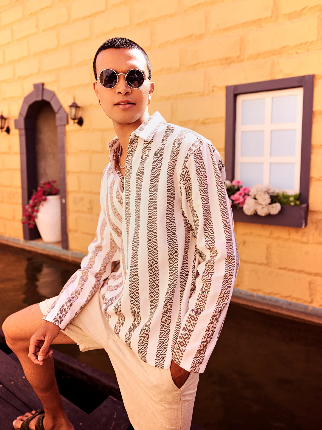 White & Brown Jacquard V Neck Collared Shirt - Image 3