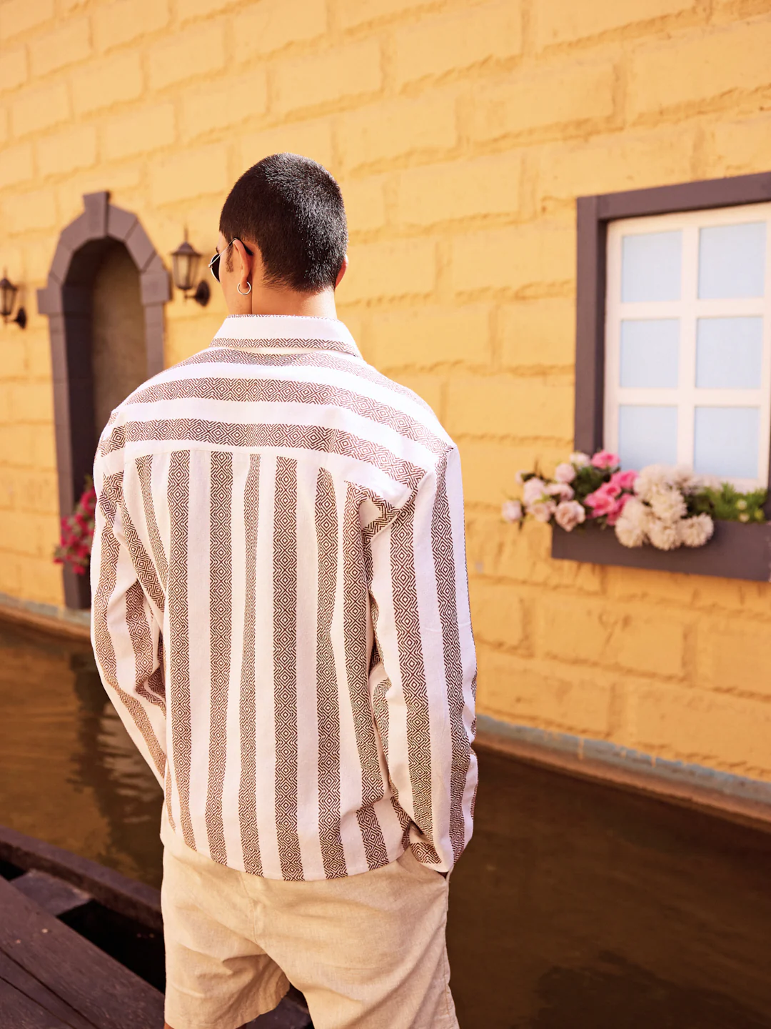 White & Brown Jacquard V Neck Collared Shirt - Image 4