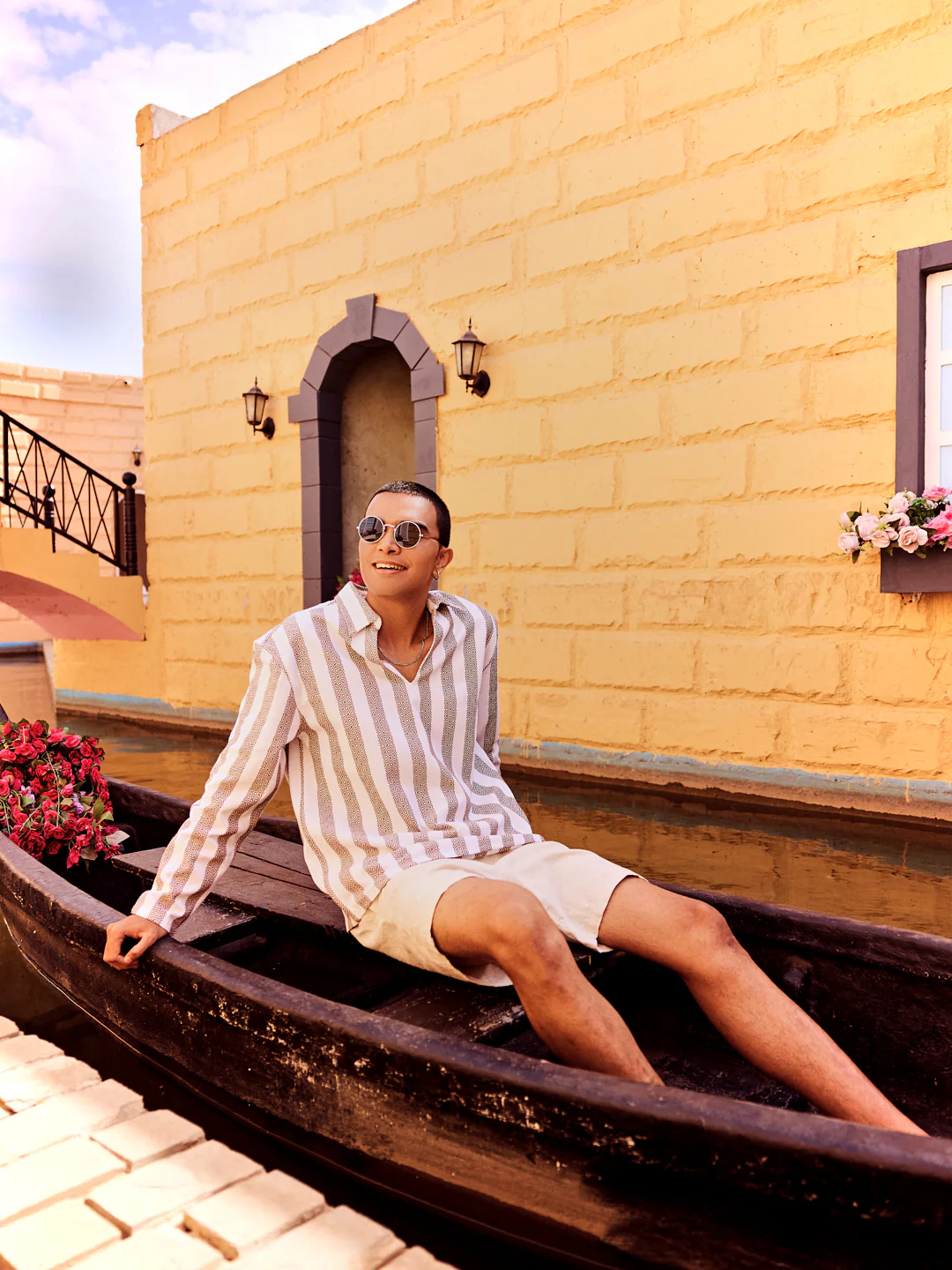 White & Brown Jacquard V Neck Collared Shirt - Image 5