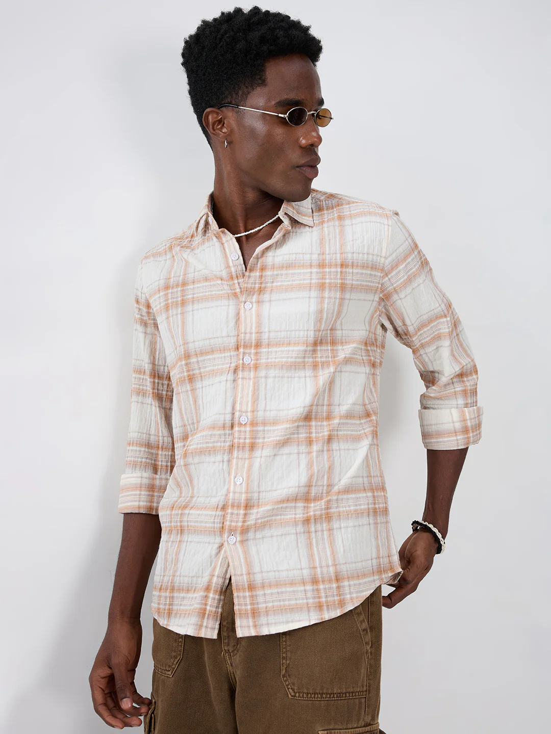 White & Brown Plaid Checks Crinkled Shirt - Image 2
