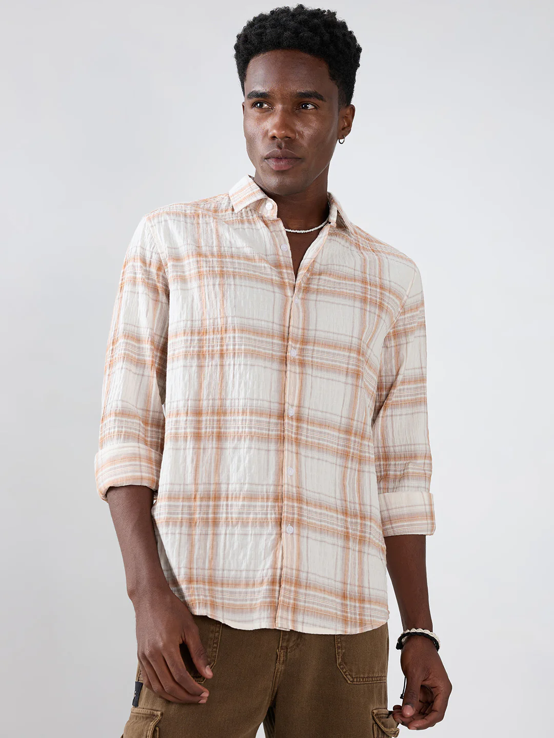White & Brown Plaid Checks Crinkled Shirt - Image 4