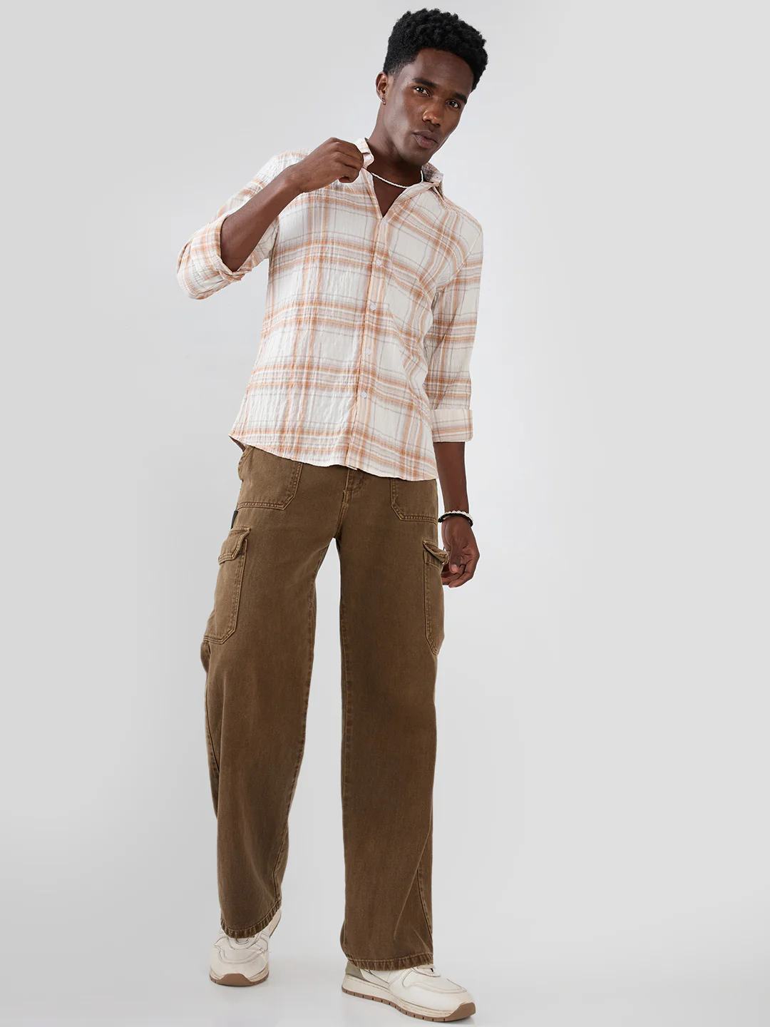 White & Brown Plaid Checks Crinkled Shirt - Image 8