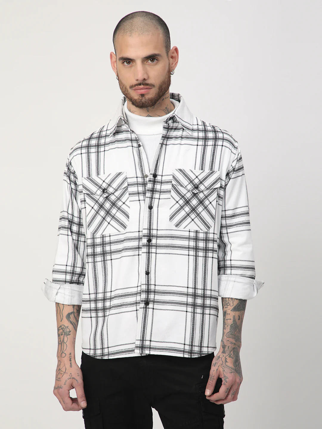White Chevron Checks Double Flap Pocket Corduroy Overshirt - Image 5