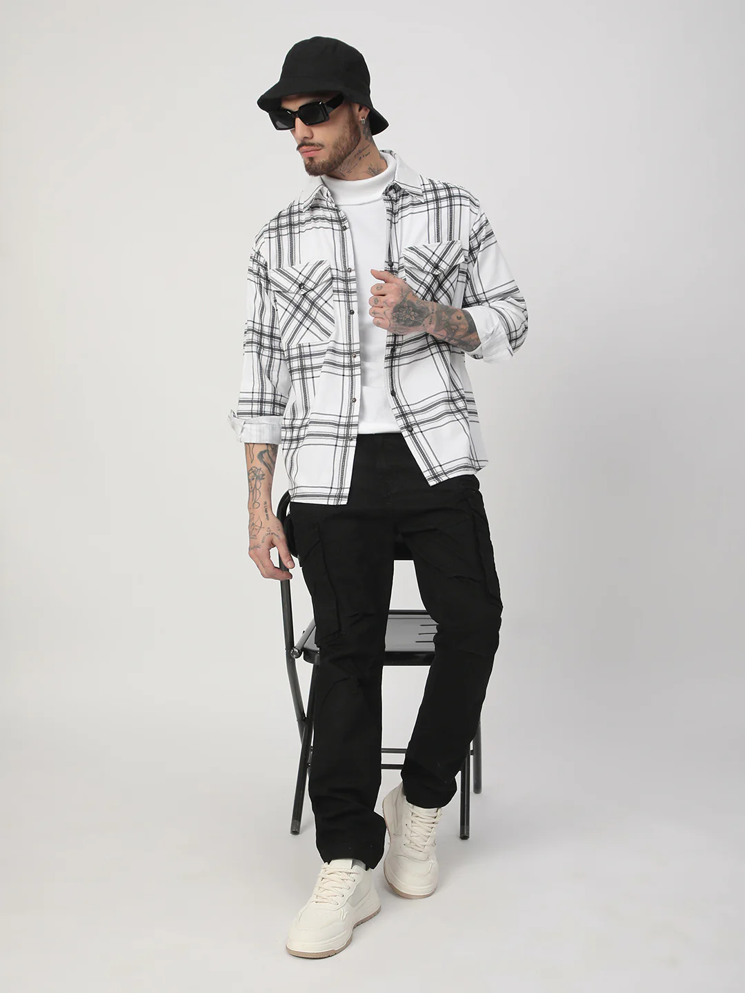 White Chevron Checks Double Flap Pocket Corduroy Overshirt - Image 8
