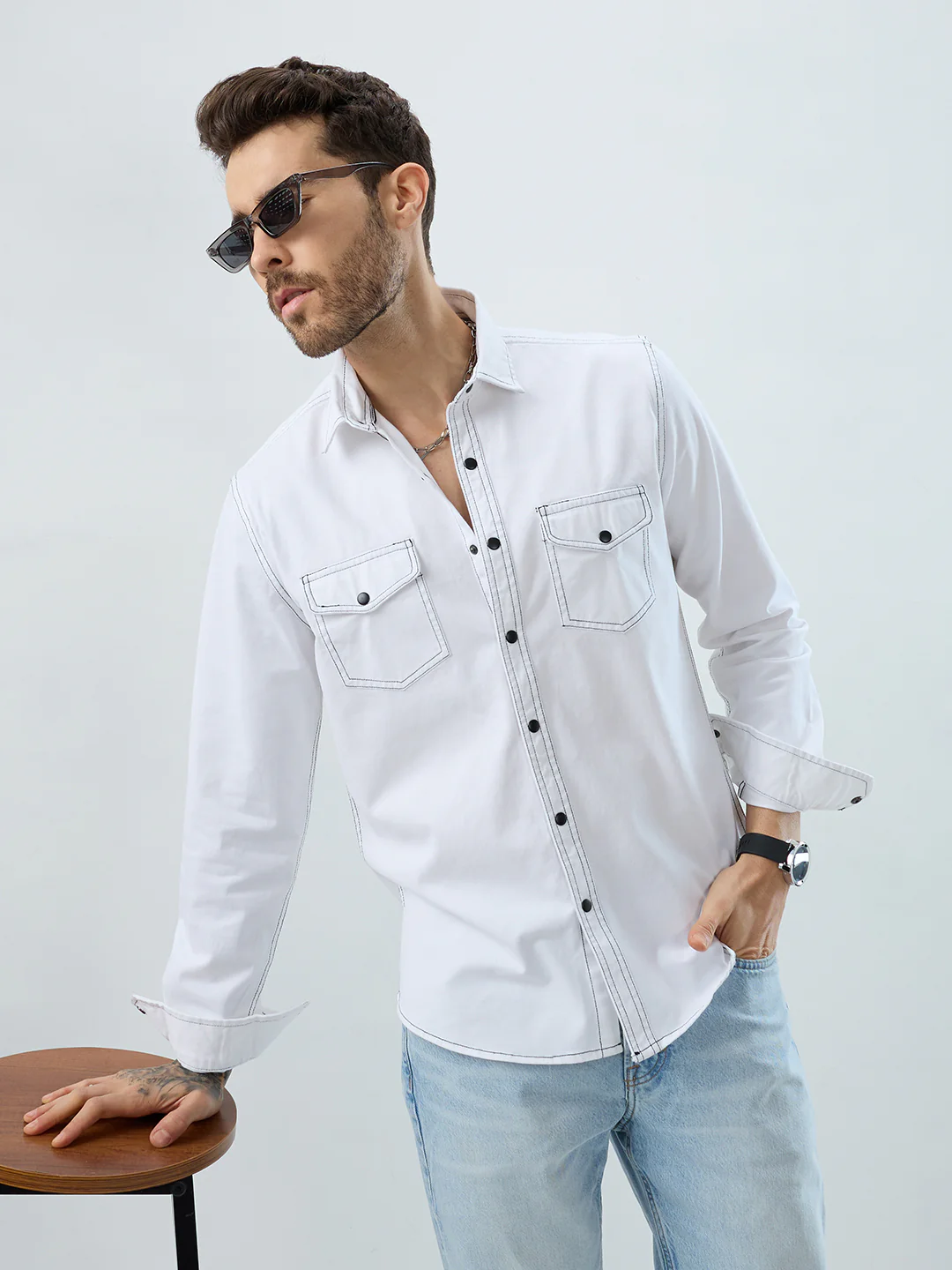 White Contrast Stitch Double Pocket Overshirt - Image 2
