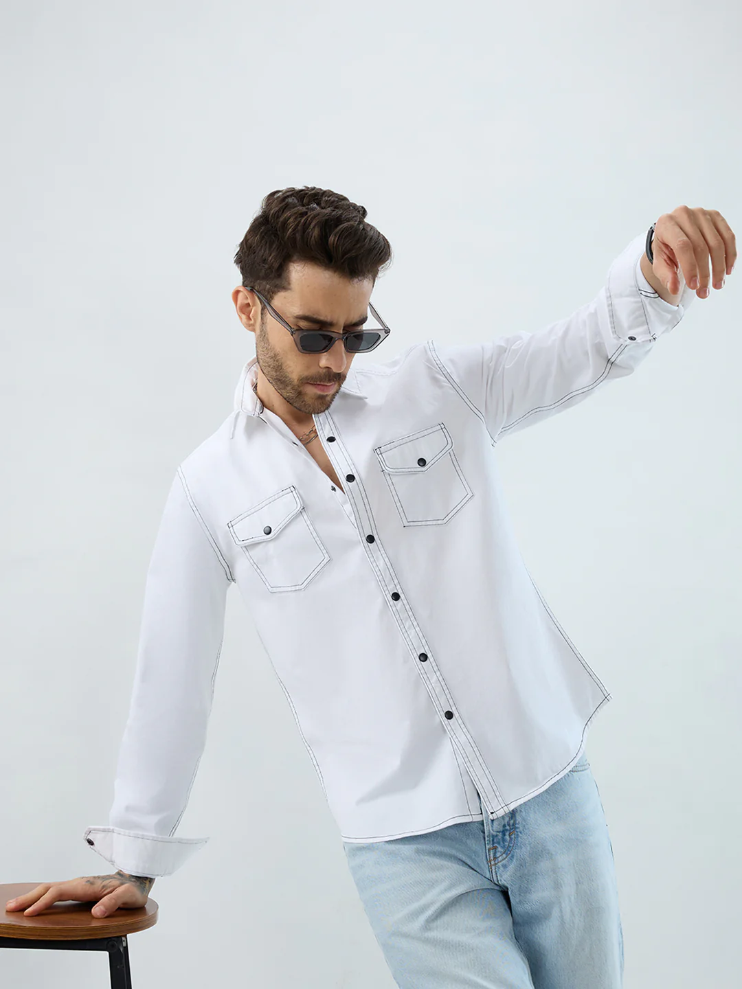 White Contrast Stitch Double Pocket Overshirt - Image 3