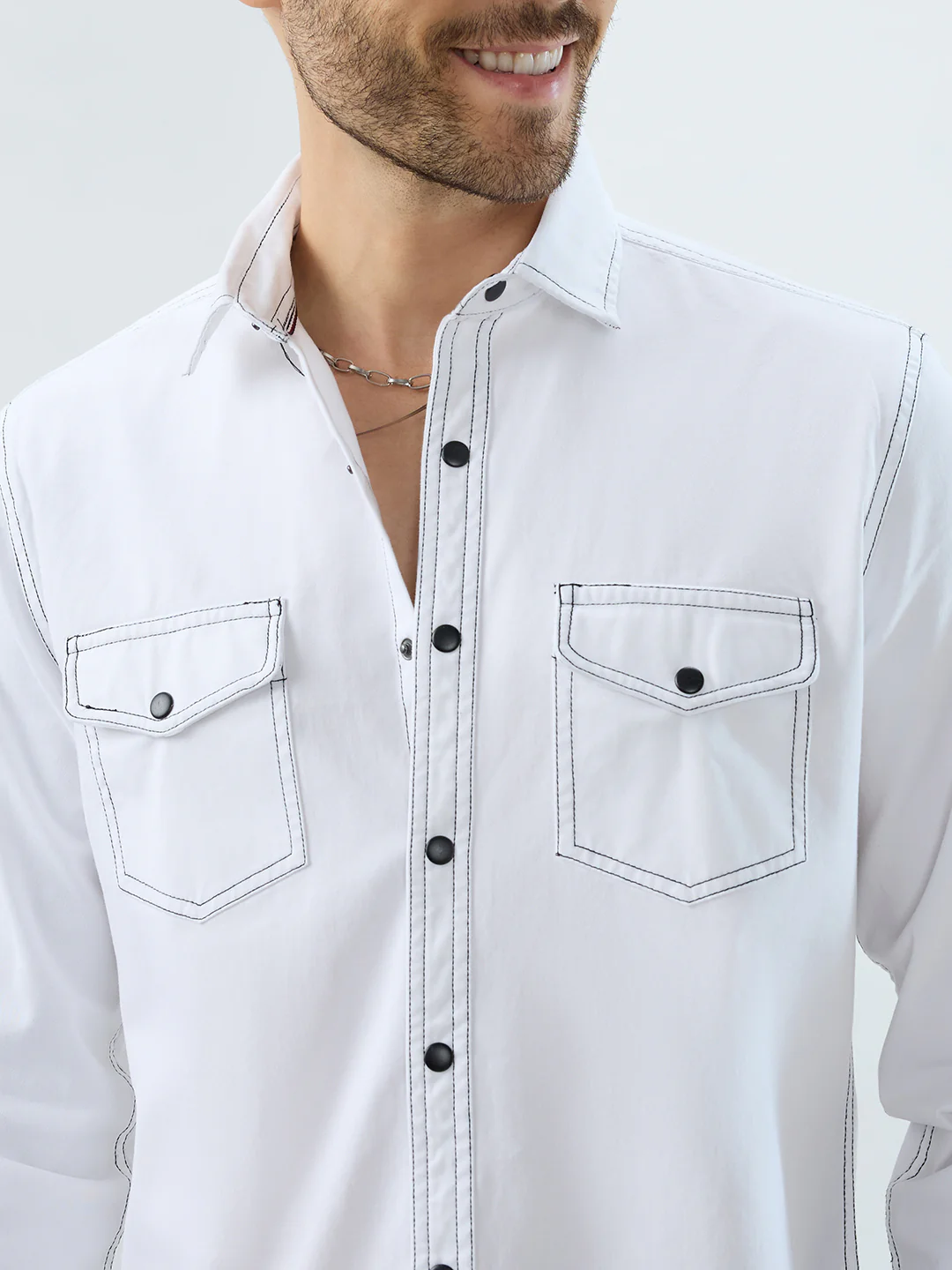 White Contrast Stitch Double Pocket Overshirt - Image 4