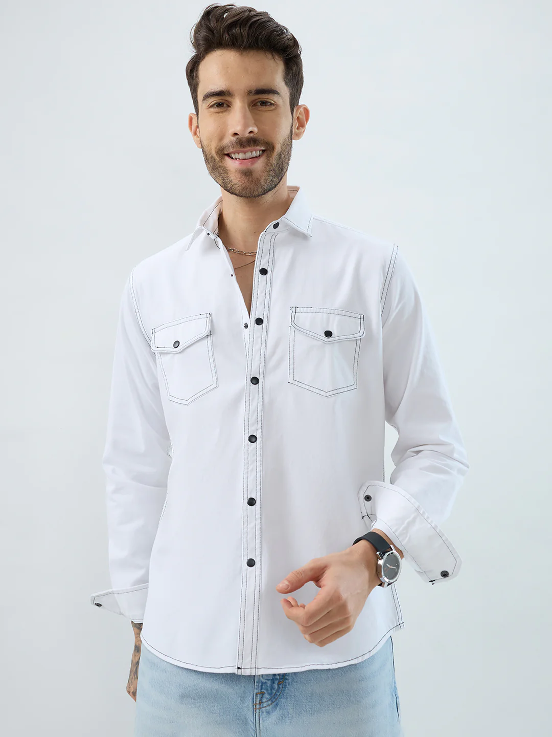 White Contrast Stitch Double Pocket Overshirt - Image 5