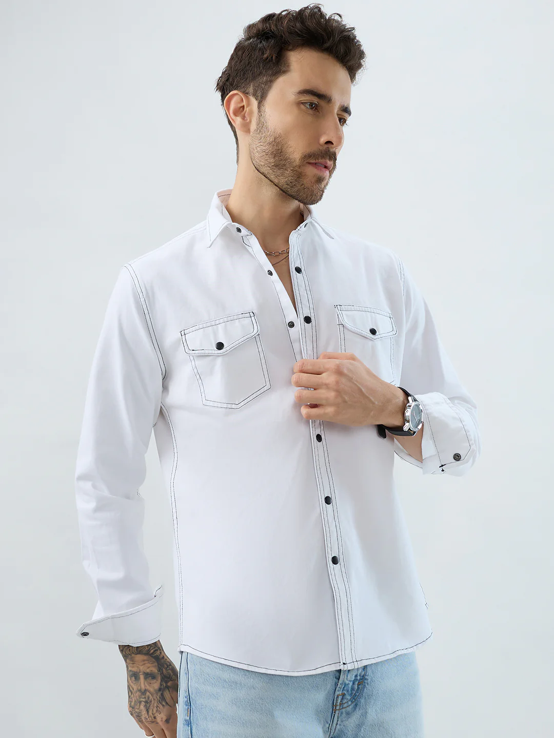 White Contrast Stitch Double Pocket Overshirt - Image 6