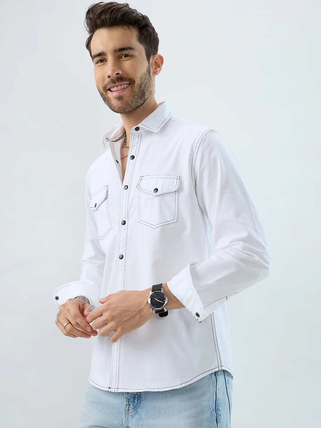 White Contrast Stitch Double Pocket Overshirt - Image 7