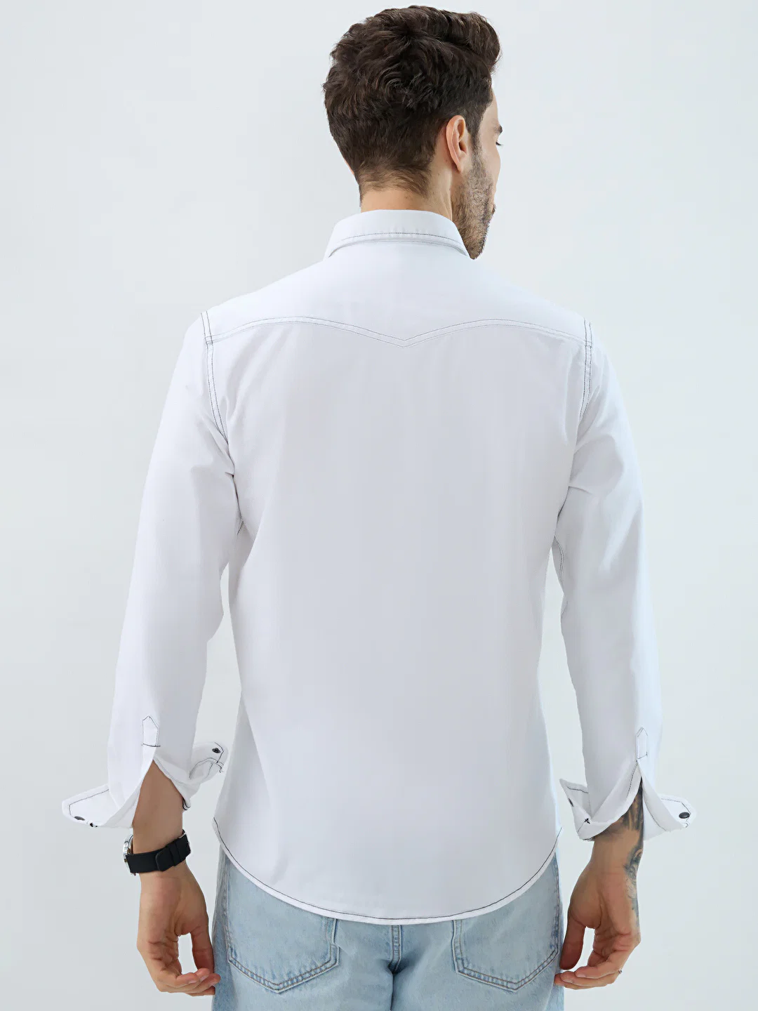 White Contrast Stitch Double Pocket Overshirt - Image 8