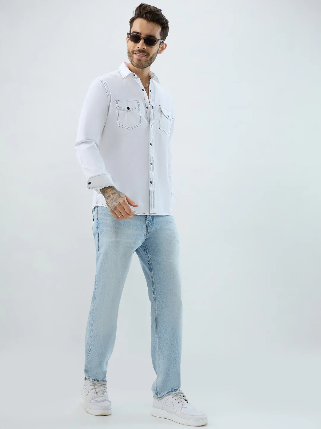 White Contrast Stitch Double Pocket Overshirt - Image 9