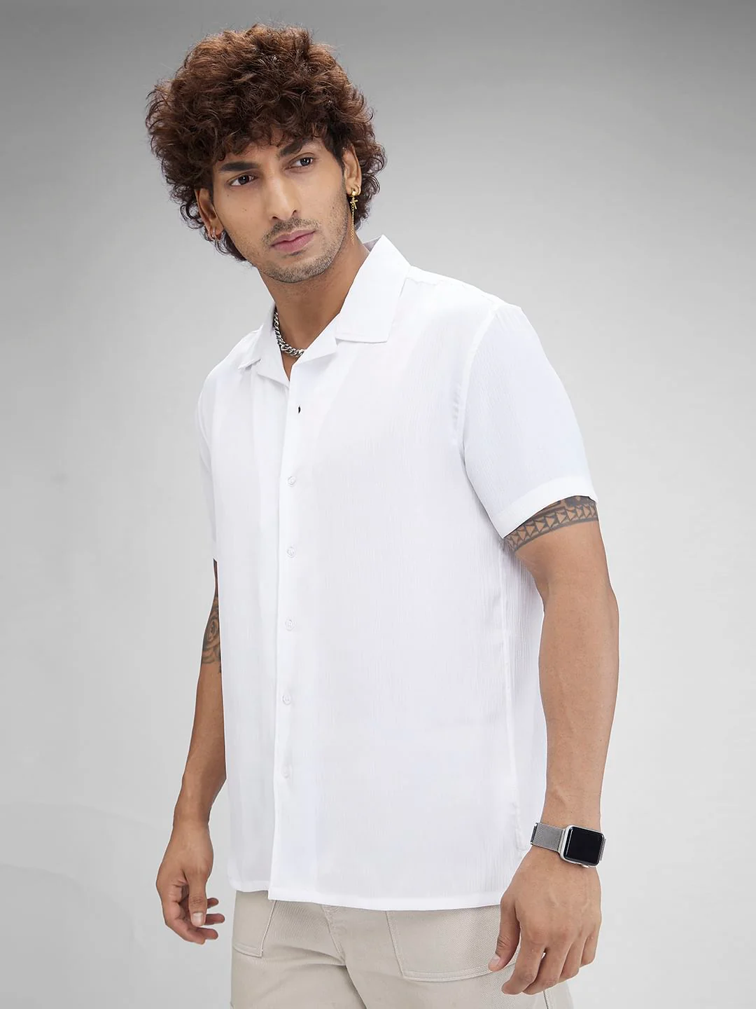 White Crepe Oversized Resort Collar Shirt - Image 5