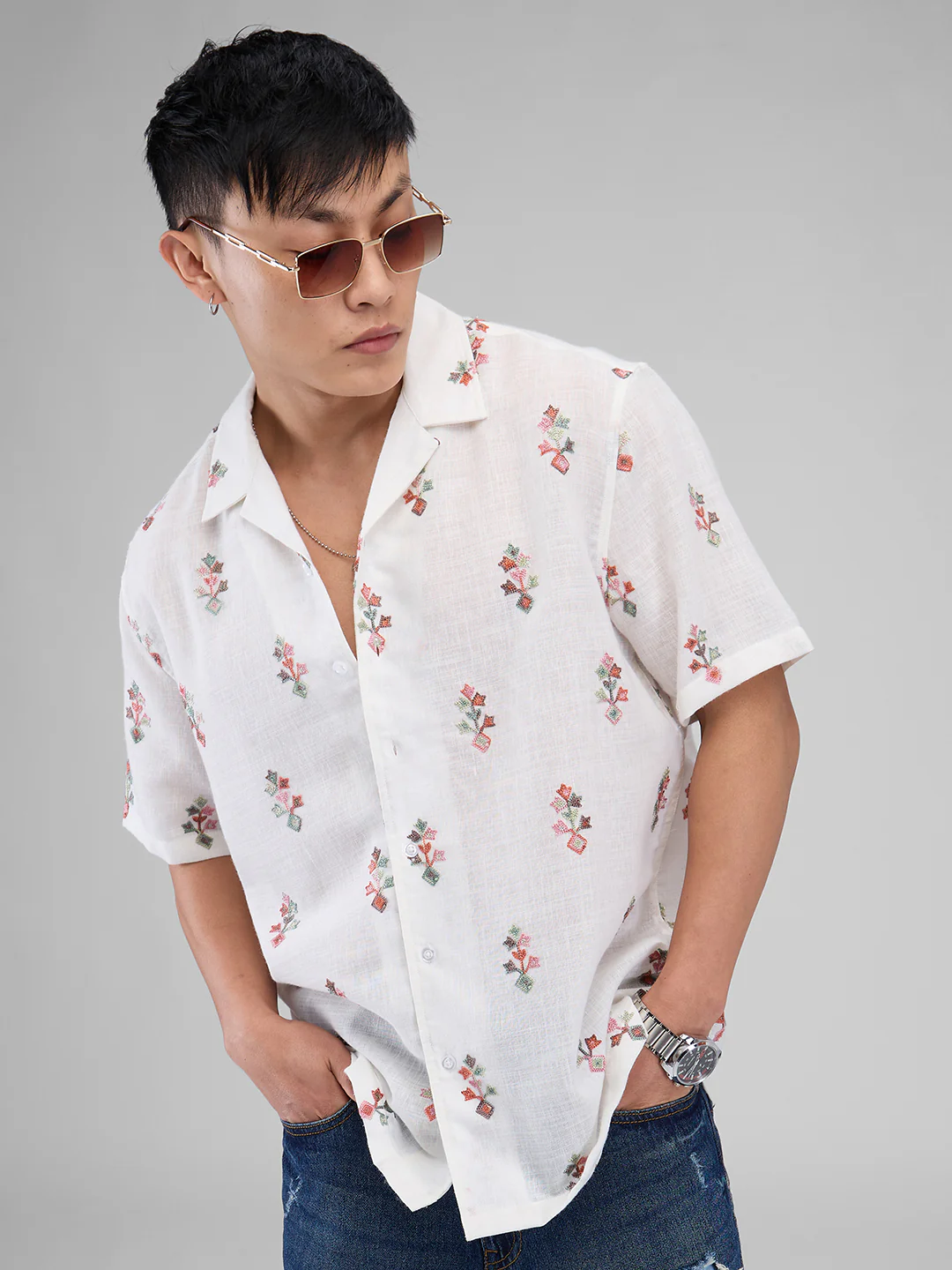 White Embroidered Notch Collar Oversized Shirt - Image 2