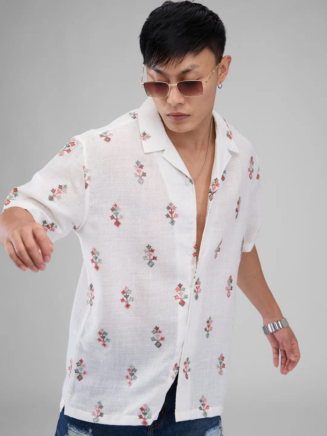 White Embroidered Notch Collar Oversized Shirt - Image 4