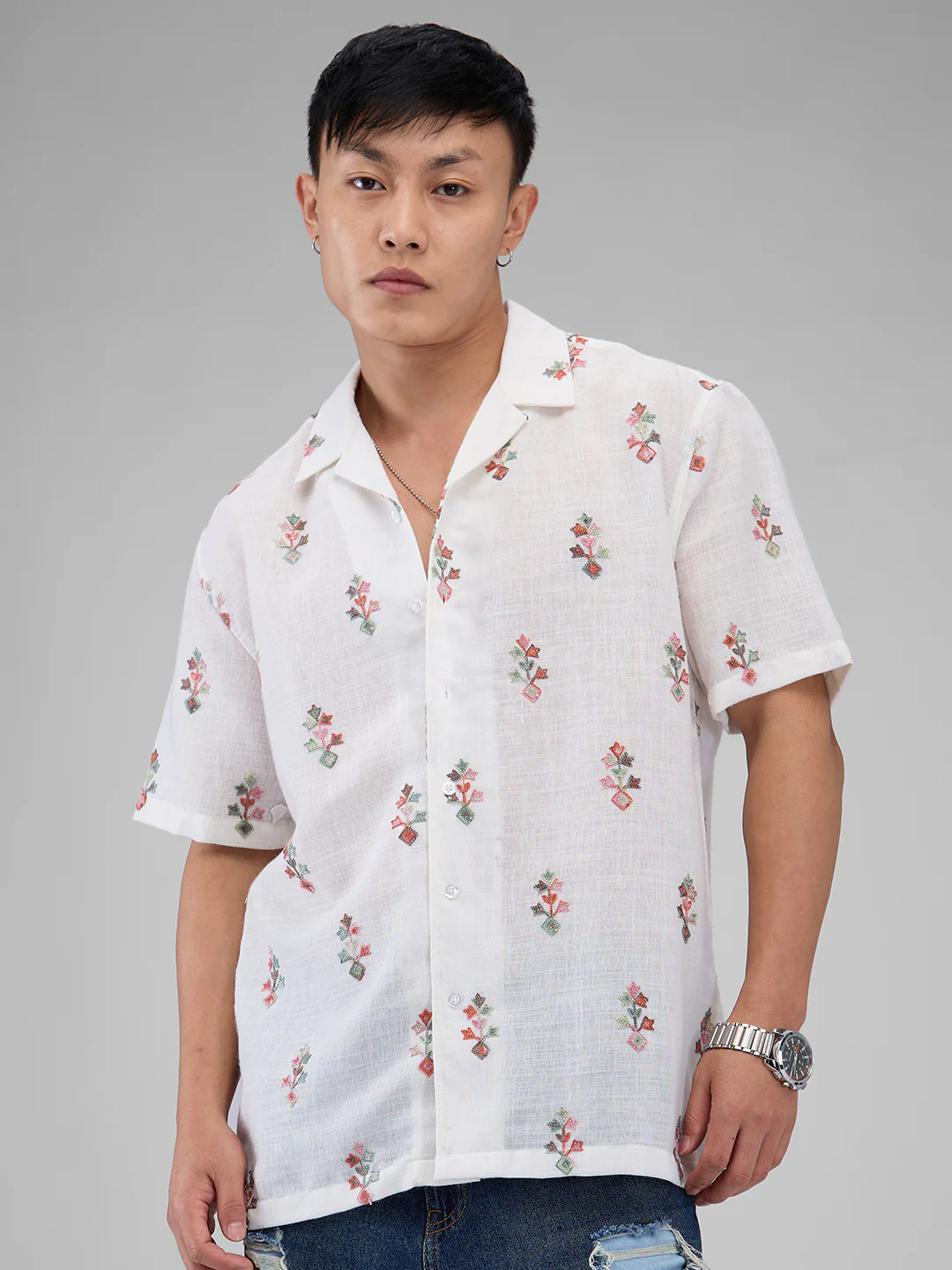 White Embroidered Notch Collar Oversized Shirt - Image 5