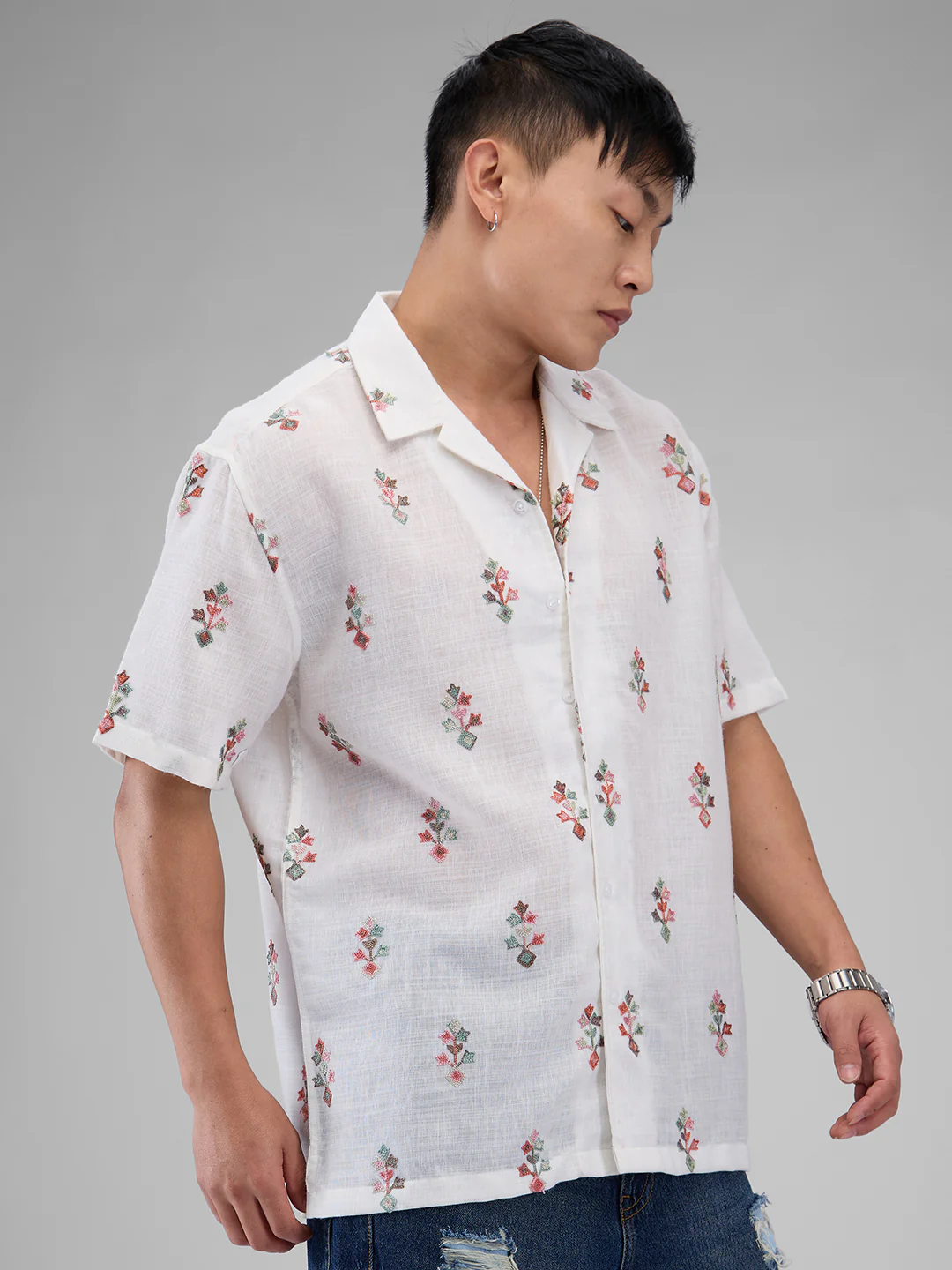 White Embroidered Notch Collar Oversized Shirt - Image 6
