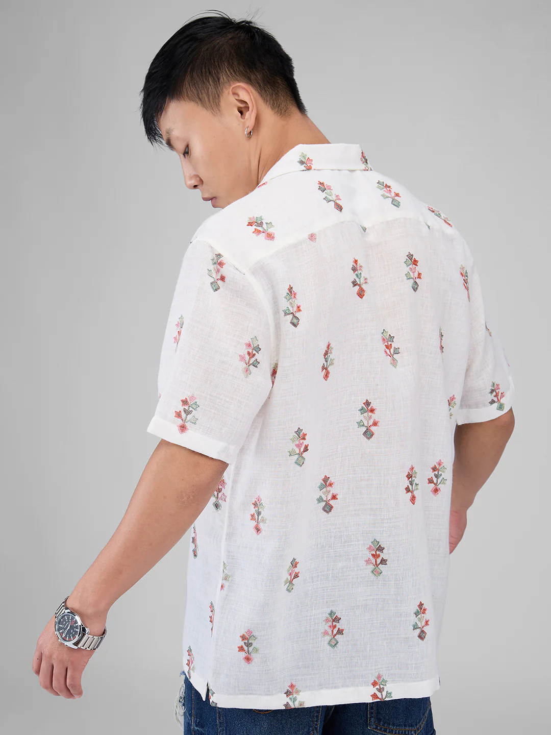 White Embroidered Notch Collar Oversized Shirt - Image 7