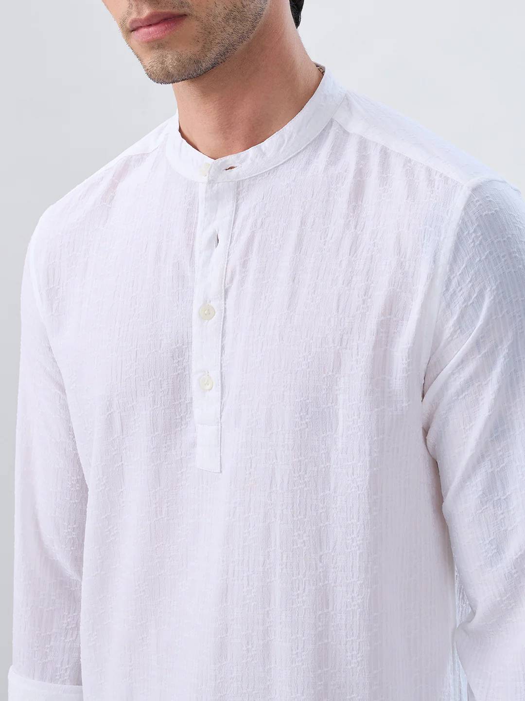 White Fine Weave Textured Kurta - Image 3