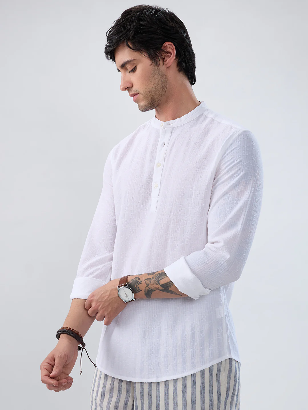 White Fine Weave Textured Kurta - Image 6