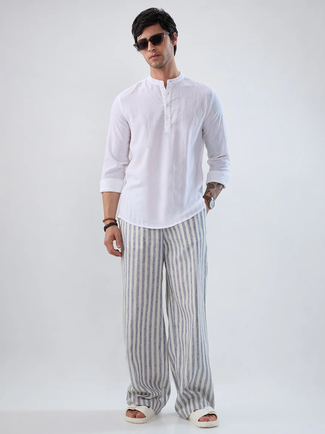 White Fine Weave Textured Kurta - Image 8