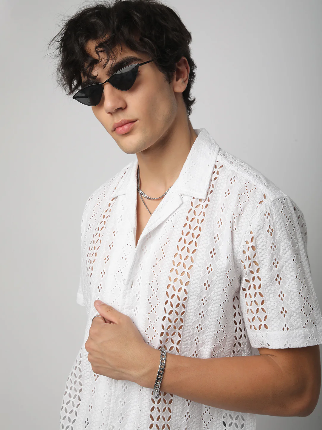 White Floral Schiffli Notch Collar Oversized Shirt - Image 2