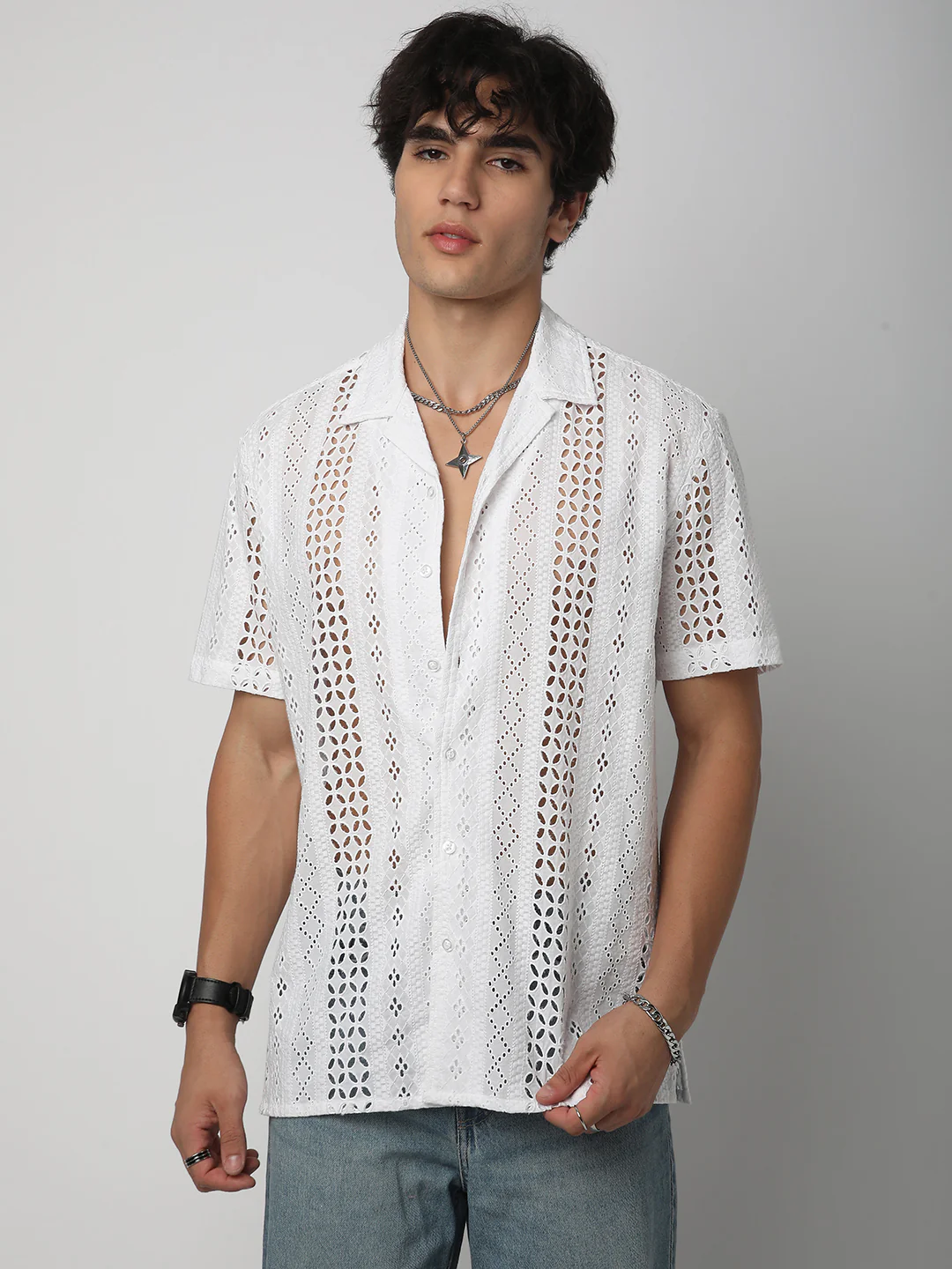 White Floral Schiffli Notch Collar Oversized Shirt - Image 3