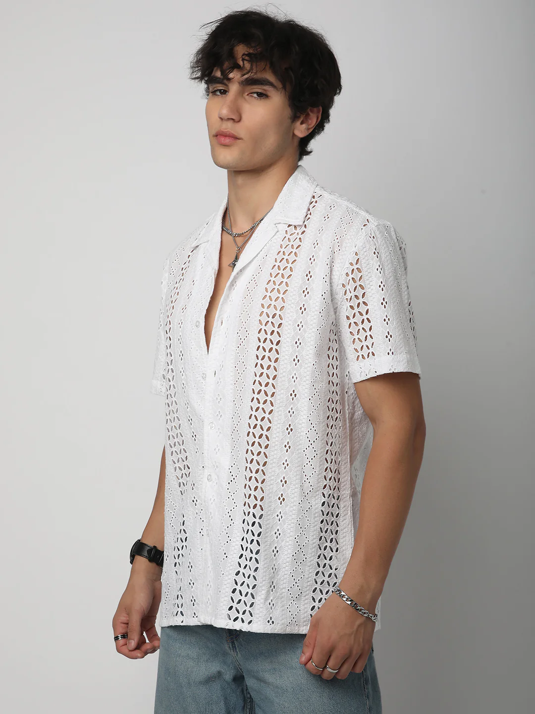White Floral Schiffli Notch Collar Oversized Shirt - Image 4