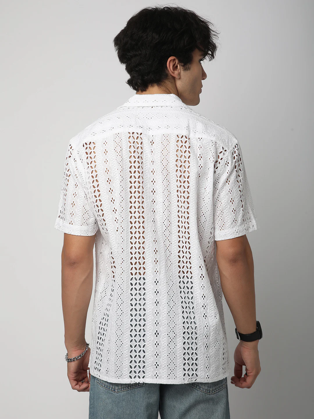 White Floral Schiffli Notch Collar Oversized Shirt - Image 5