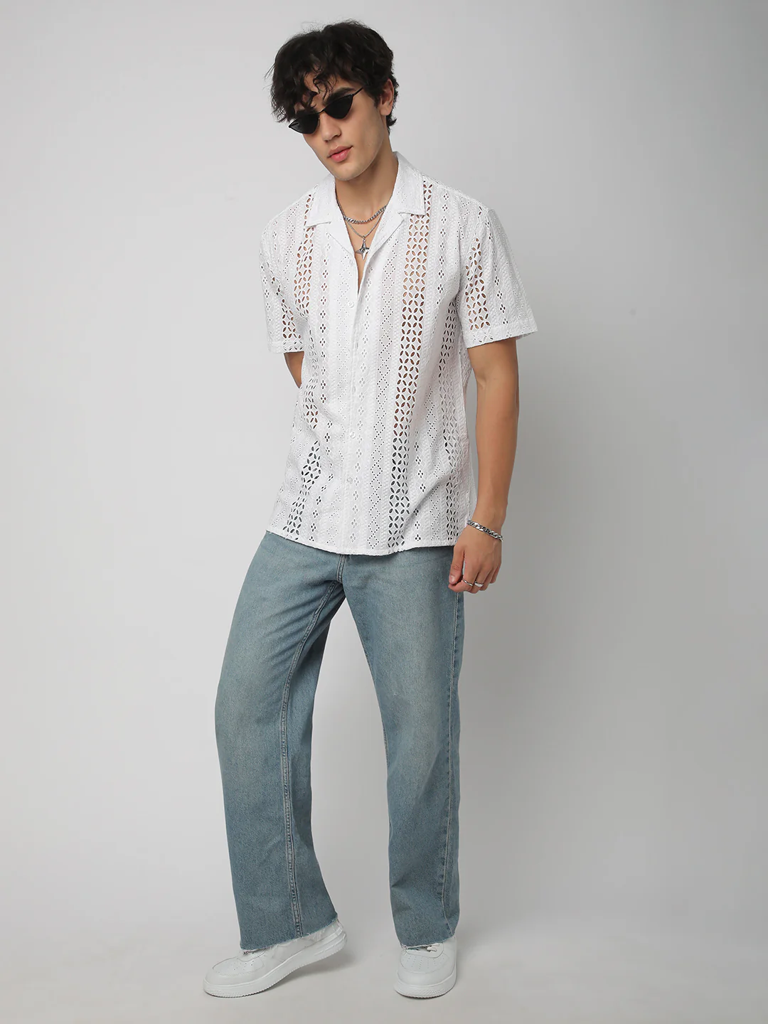 White Floral Schiffli Notch Collar Oversized Shirt - Image 6