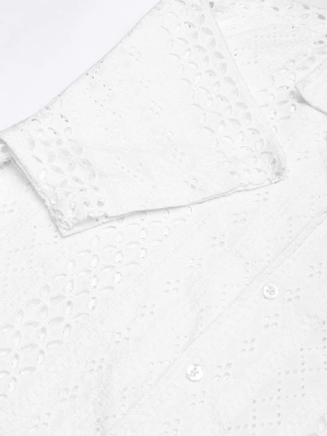 White Floral Schiffli Notch Collar Oversized Shirt - Image 8