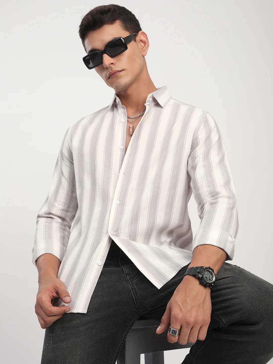 White & Frosted Grey Textured Striped Shirt - Image 4