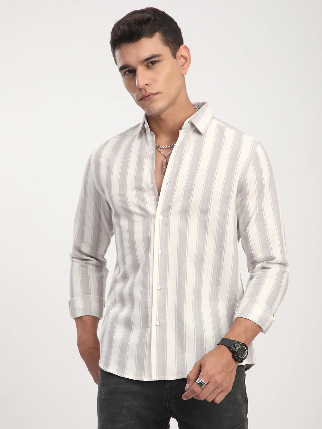 White & Frosted Grey Textured Striped Shirt - Image 5