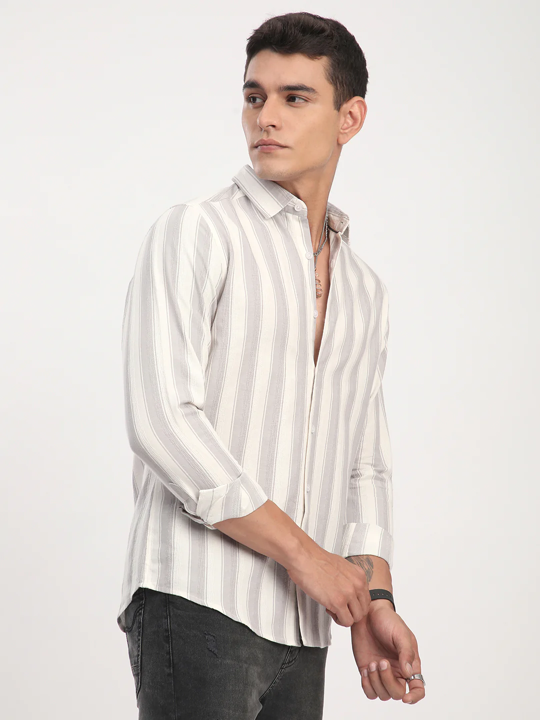White & Frosted Grey Textured Striped Shirt - Image 6