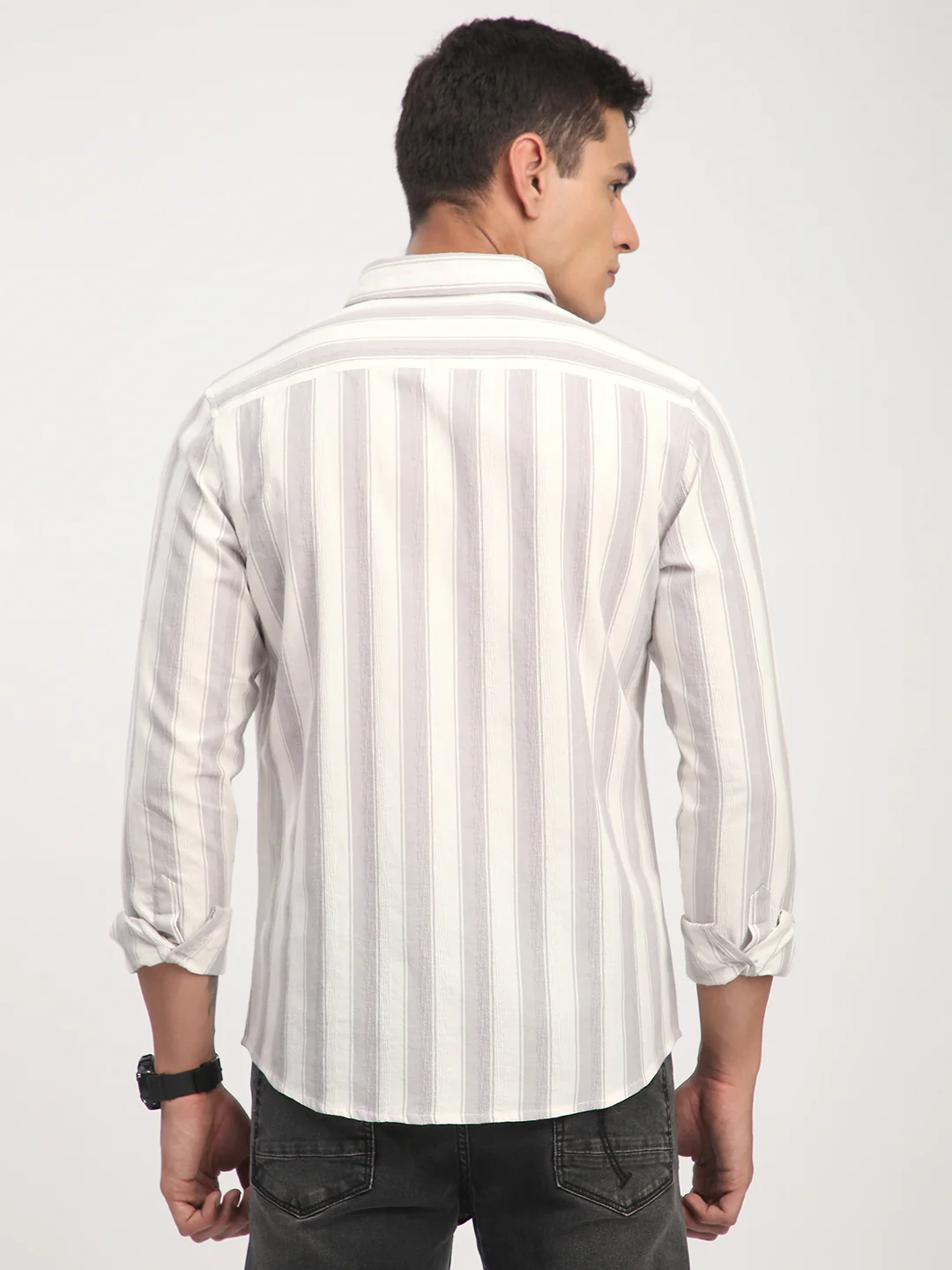 White & Frosted Grey Textured Striped Shirt - Image 7