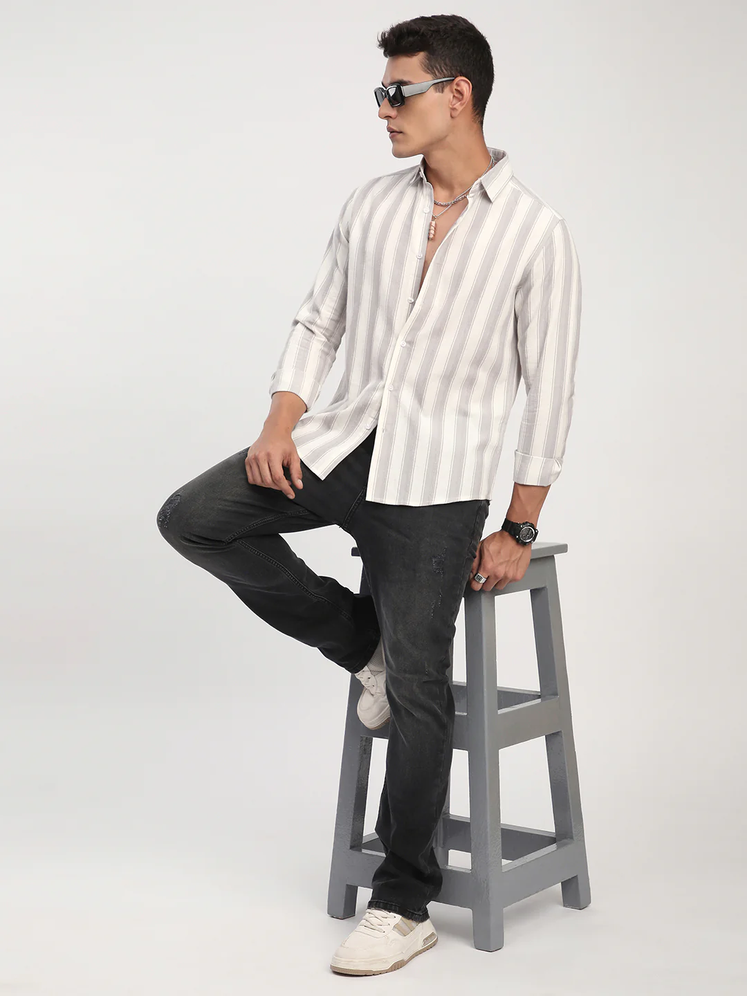 White & Frosted Grey Textured Striped Shirt - Image 8