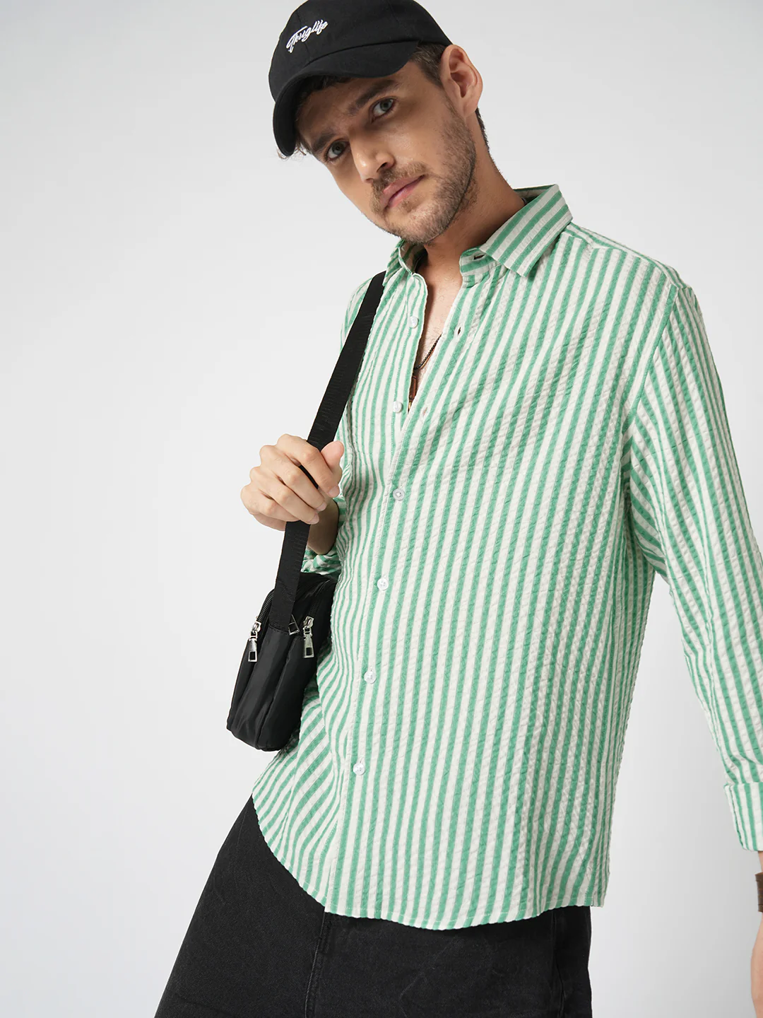 White & Green Candy Stripe Seersucker Shirt - Image 2