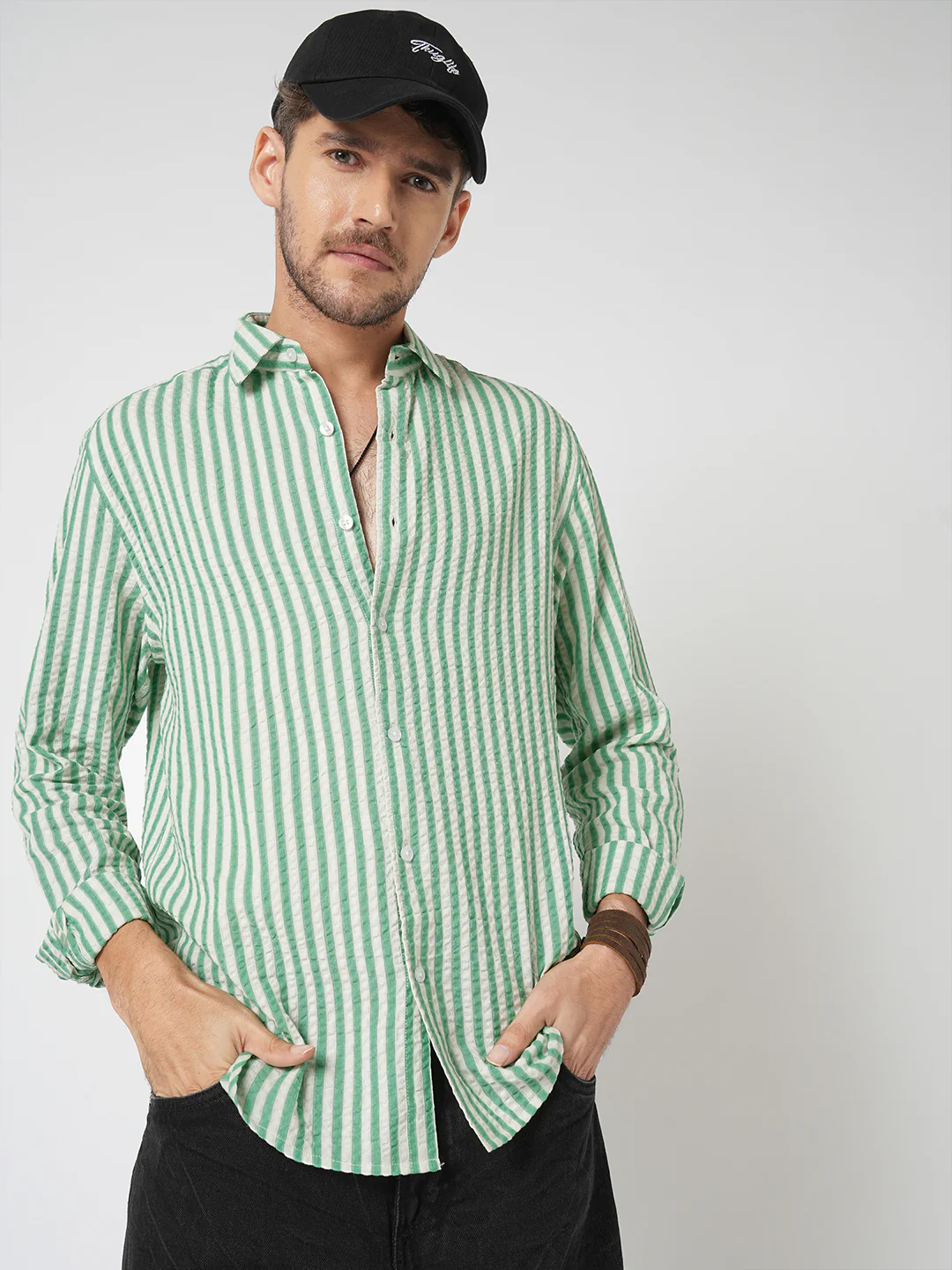 White & Green Candy Stripe Seersucker Shirt - Image 4