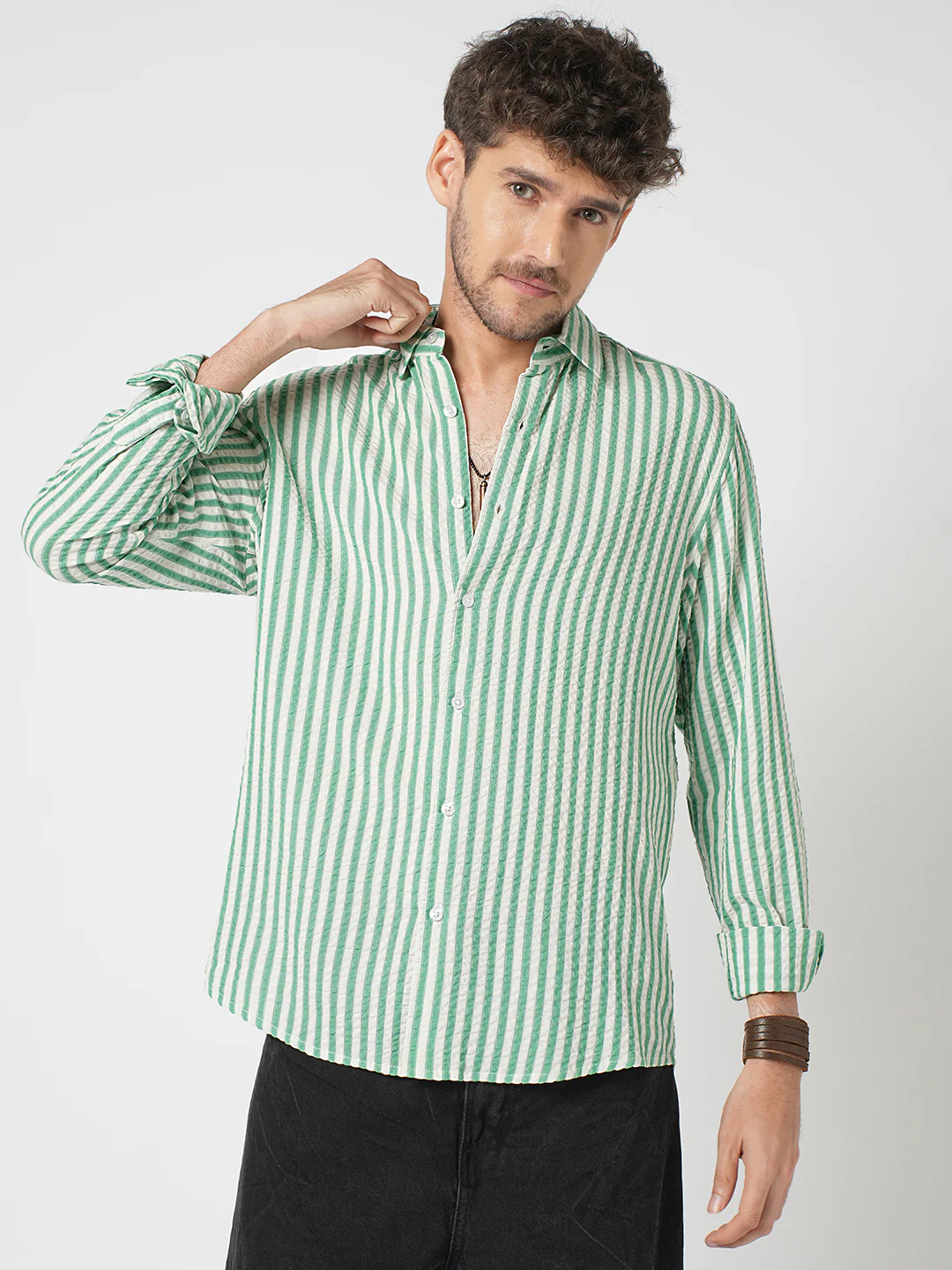 White & Green Candy Stripe Seersucker Shirt - Image 5