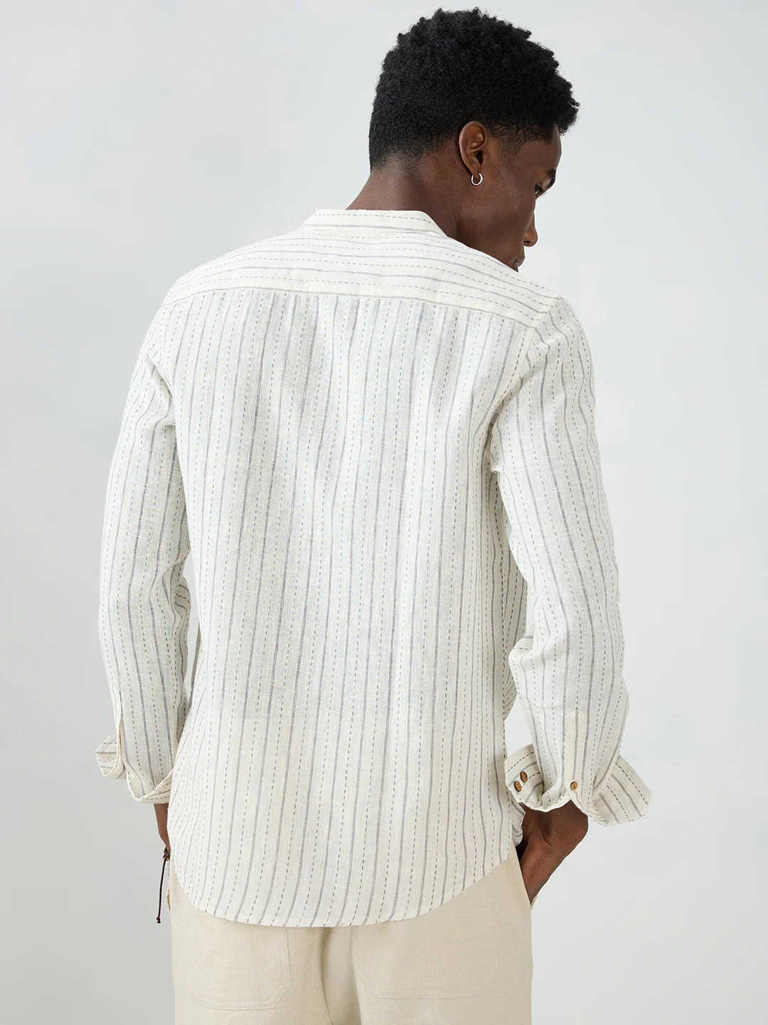 White & Grey Burlap Weaved Striped Kurta - Image 7