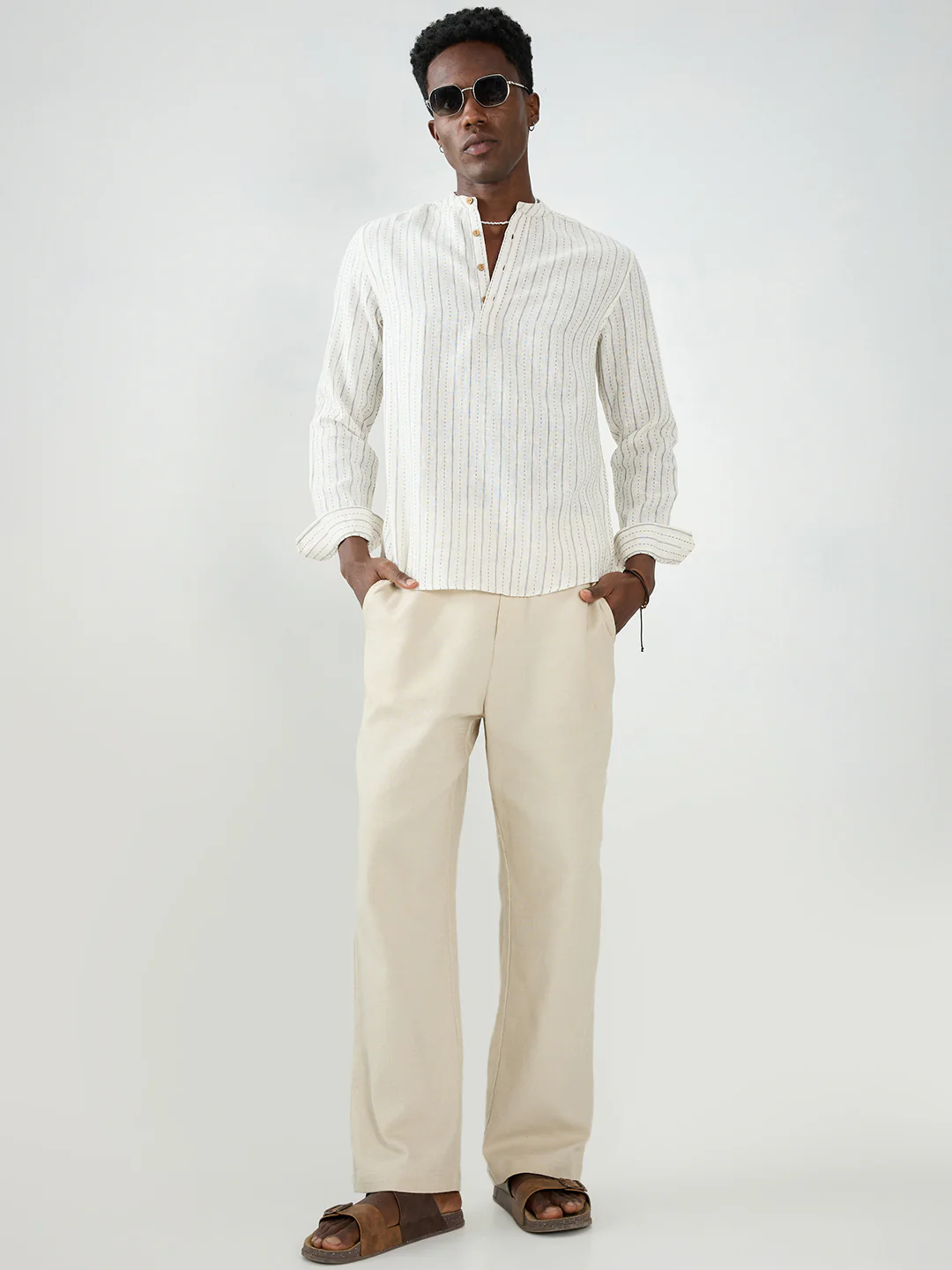 White & Grey Burlap Weaved Striped Kurta - Image 8