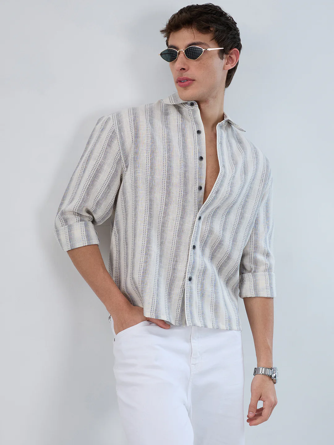 White & Grey Striped Precision-Weave Shirt - Image 2