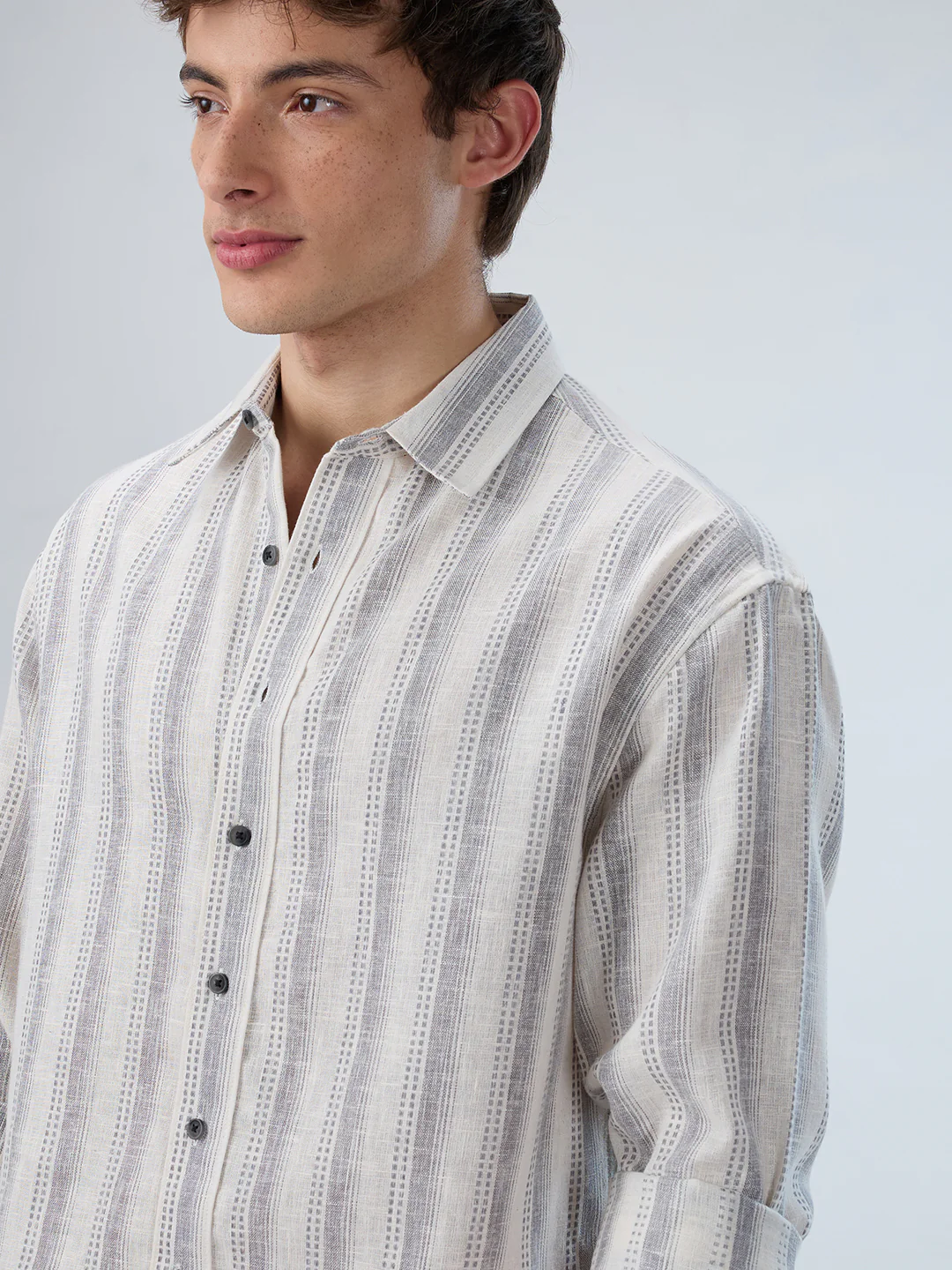 White & Grey Striped Precision-Weave Shirt - Image 3