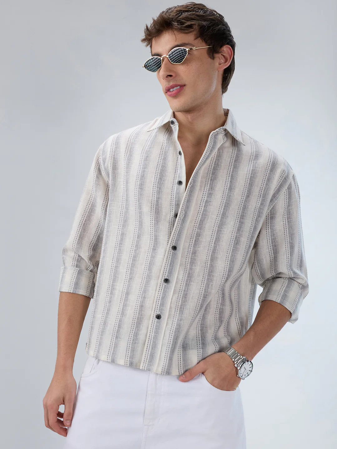 White & Grey Striped Precision-Weave Shirt - Image 4