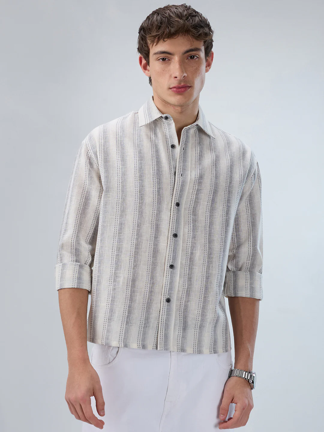 White & Grey Striped Precision-Weave Shirt - Image 5